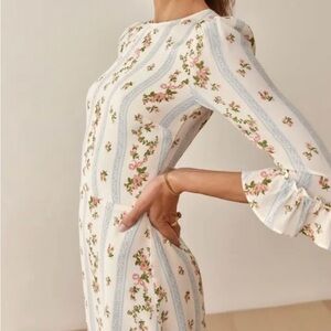 Reformation Doutzen Dress in Surrey White Blue Stripe Floral Print Mini